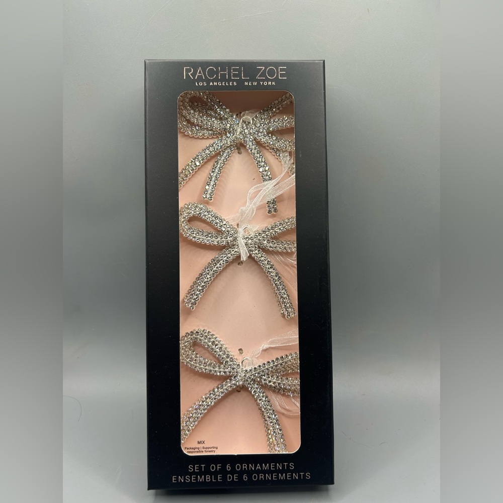 Rachel Zoe Clear Rhinestone Bow Ornaments Set Of 6 Christmas Coquette NEW
